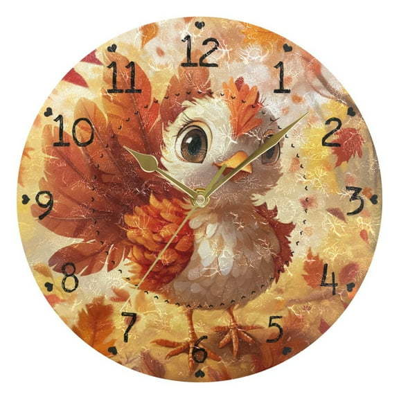 Cartoon Turkey Maple Leaves Thanksgiving Round Wall Clock Silent Analog Battery Operated Gold Pointer Home Decor 9.84" Diameter