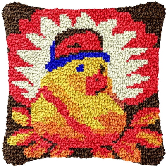 Cartoon Turkey Thanksgiving Latch Hook Pillow Kits for Beginner Needle Crochet Yarn Kits with Stamped Canvas Embroidery Cushion Hook and Latch Throw Pillow Home Sofa Decoration 43x43cm