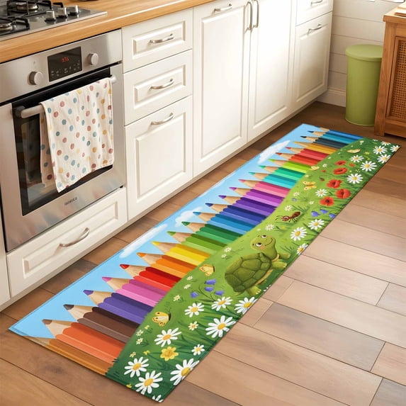 Cartoon Turtle Colorful Pencil Runner Rugs 2x6 ft Blue Sky Green Lawn Ant Flower Butterfly Washable Hallway Rugs Non-Slip Floor Mats Absorbent Carpet Bedside Runners for Bedroom Kitchen Laundry Room