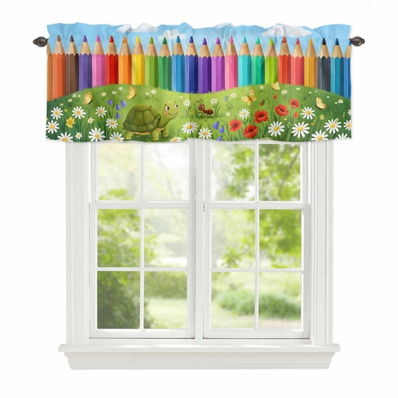 Cartoon Turtle Colorful Pencil Window Valance for Kitchen, Blue Sky Green Lawn Ant Flower Butterfly Rod Pocket Short Curtain for Small Windows, Light Filtering Decorative Valance, 42 x 18 Inch