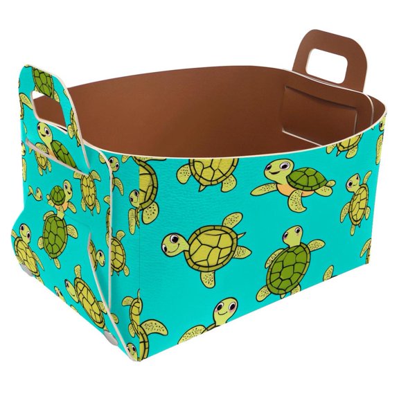 Cartoon Turtle Painting Storage Basket Collapsible Storage Bin, PU Foldable Basket Convenient Box Storage Organizer with Handles for Shelves Office Bedroom Closet Nursery Toys Laundry