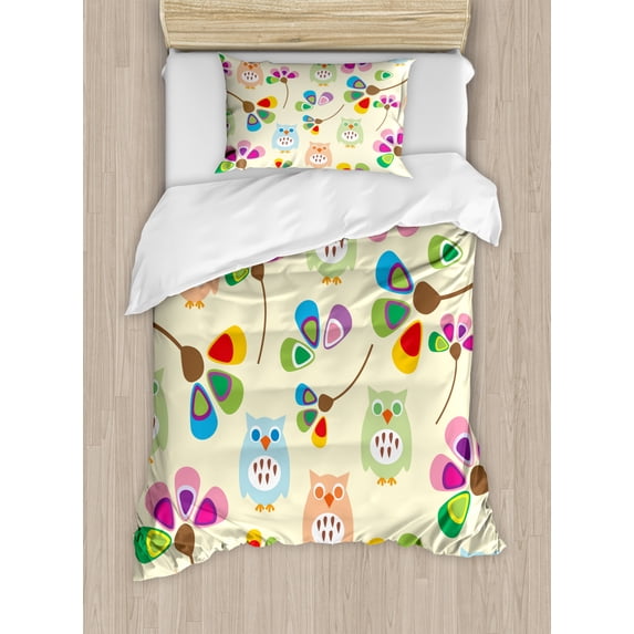 Cartoon Twin Size Duvet Cover Set, Cute Design Owls with Flowers Leaves Branches Design for Kid Nursery Room Landscape, Decorative 2 Piece Bedding Set with 1 Pillow Sham, Multicolor, by Ambesonne