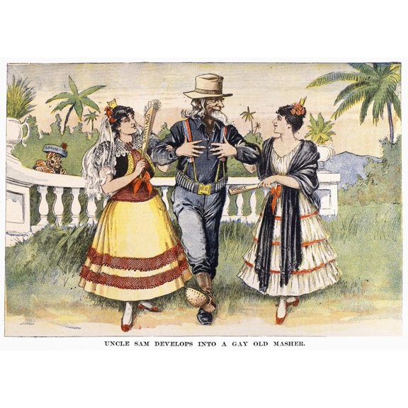 Cartoon Uncle Sam 1898. N'Uncle Sam Develops Into A Gay Old Masher.' Cartoon Comment From An American Newspaper 1898