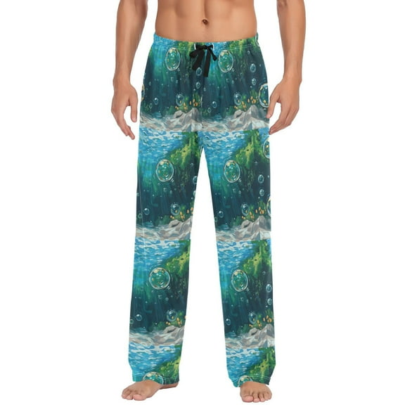 Cartoon Underwater Bubbles with Plants Mens Pajama Pant Sleep and Lounge Bottons with Pockets
