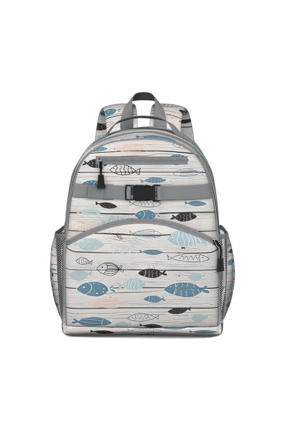 Cartoon Underwater Marine Life Students Backpack, Nautical Ocean Tropical Sea Abstract Shark, Whale, Dolphin Funny Design
