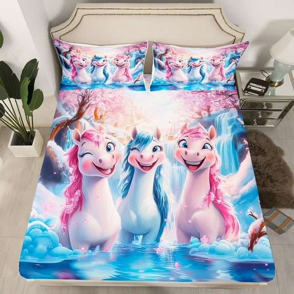 Cartoon Unicorn Bed Sheets Bedroom Cute Unicorn Fitted Sheet Queen Fantasy Magical Animal Bedding Set Waterfall Flowing Water Pink Cherry Blossom Bed Cover(No Top Sheet)