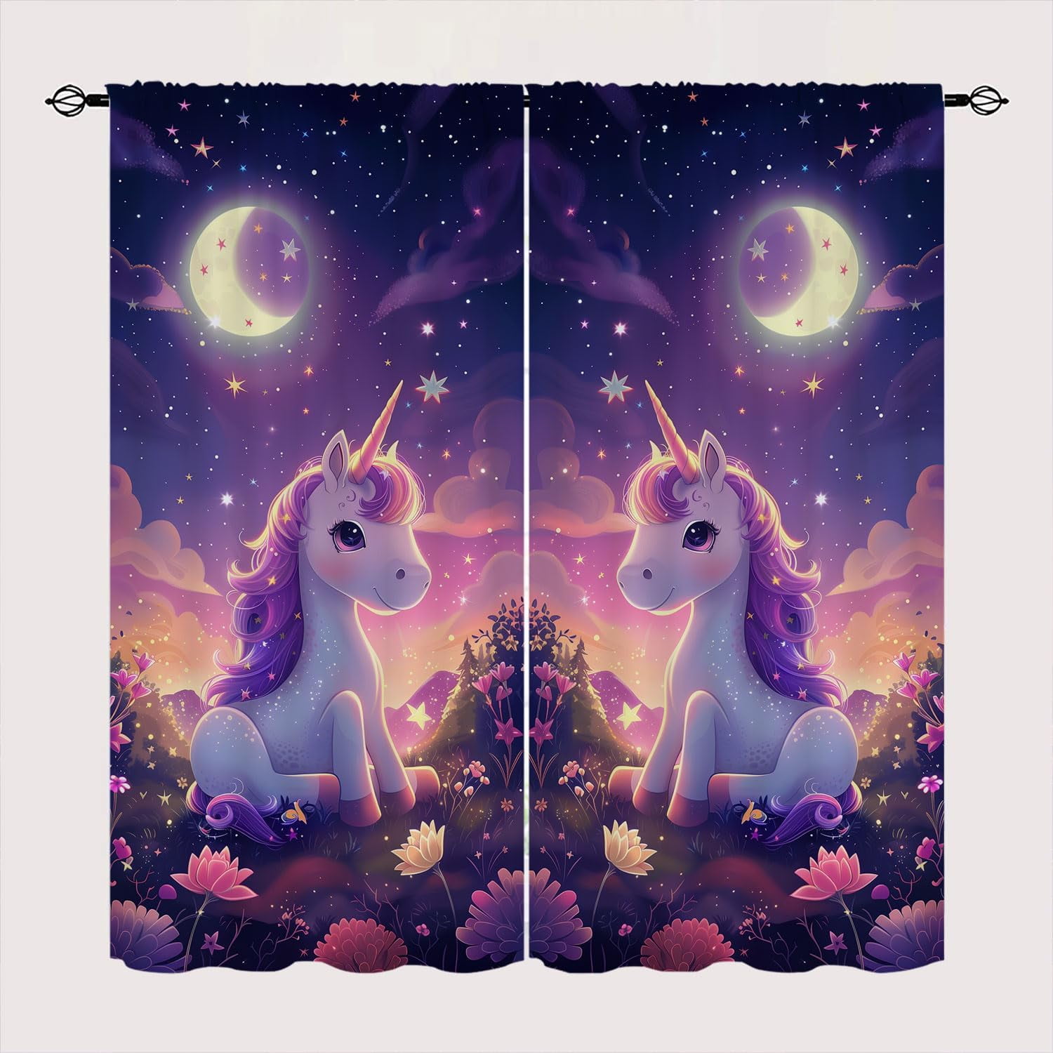 Cartoon Unicorn Blackout Curtains for Kid Girls Boys Bedroom, Stars Moon Dreamy Fantasy Cute Rod Pocket Window Drapes for Bedroom Living Room, W84 x L84 Inch