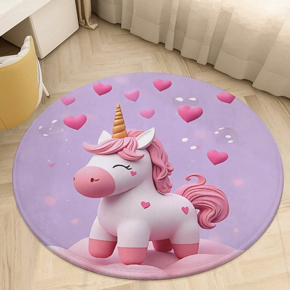 Cartoon Unicorn Butterfly Wings And A Flower with A Rainbow Round Area Rugs for Bedroom Living Room, 4FT Soft Comfy Indoor Circle Carpets, Floor Mat