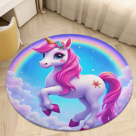Cartoon Unicorn Butterfly Wings And A Flower with A Rainbow Round Area Rugs for Bedroom Living Room, 4FT Soft Comfy Indoor Circle Carpets, Floor Mat
