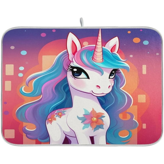 Cartoon Unicorn Dish Drying Mat, Absorbent Microfiber Pad Protector For Kitchen Counter Top Mat Dish Drainboard 16x18in Home Decor