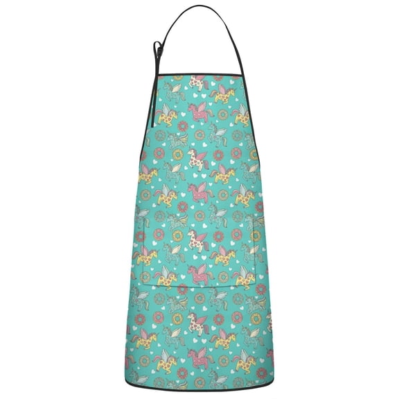 Cartoon Unicorn Donut Heart Pattern Apron-Garden Aprons for Women with Pockets-Cotton Linen Waterproof Kitchen Cooking Gardening Aprons Adjustable for Kitchen,Cooking,BBQ and Salon 33x27 Inch