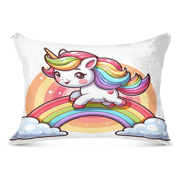 Cartoon Unicorn Gallops on Rainbow Plush Pillow Cases Standard Size Ultra Soft Warm Pillowcases with Zipper 20"x26"