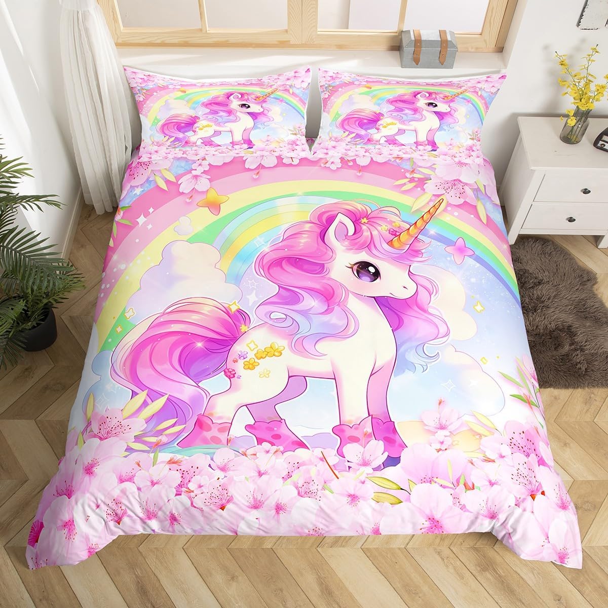 Cartoon Unicorn Kids Duvet Cover Set Full Size,Sakura Cherry Blossom ...