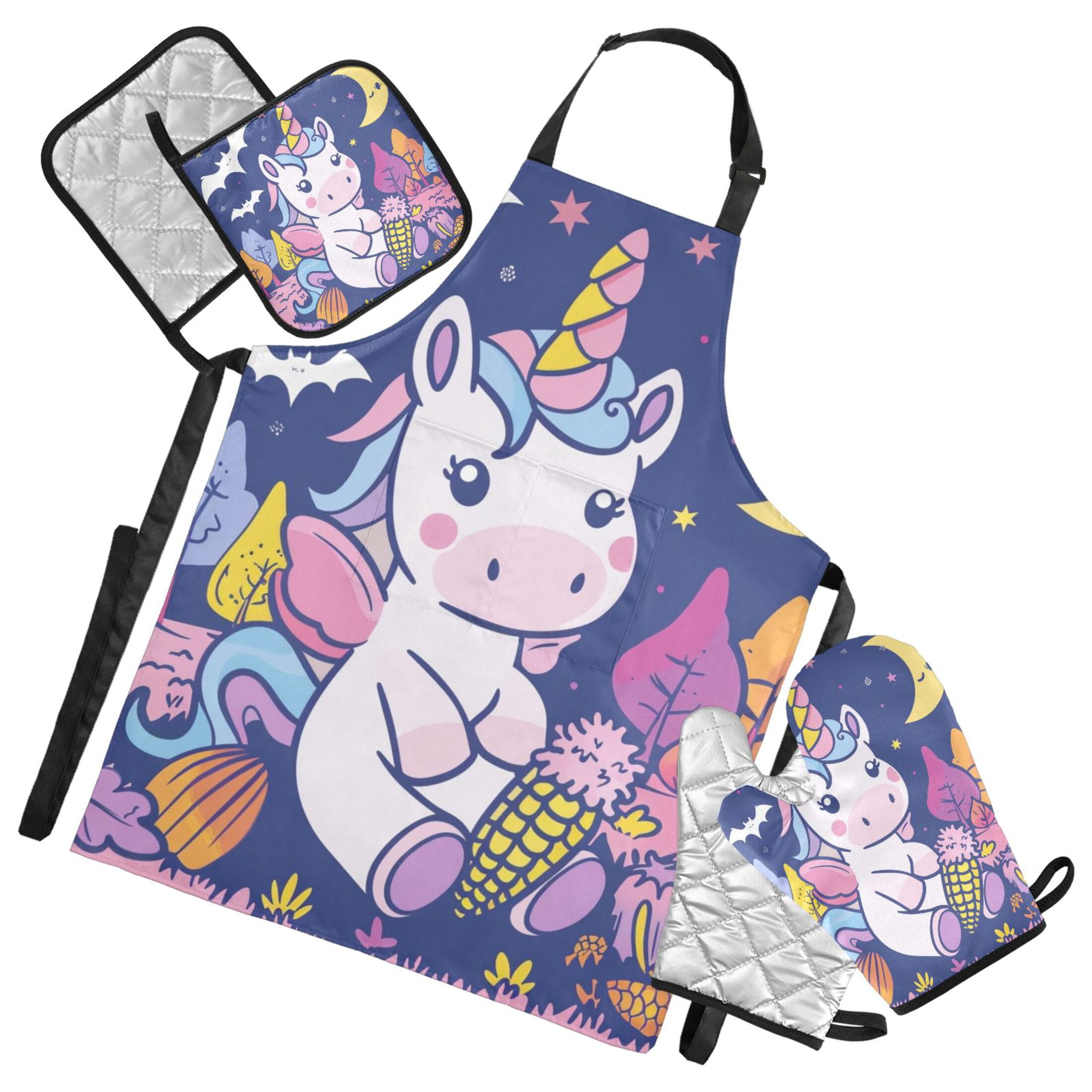 Cartoon Unicorn Moon Corn 5 Pcs Kitchen Set Heat Resistant Oven Mitts and Non-Slip Pot Holders with Adjustable Cooking Apron
