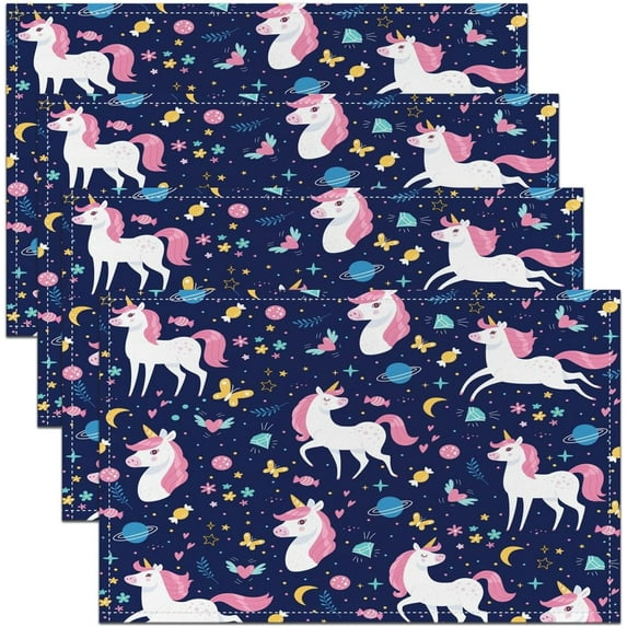 Cartoon Unicorn Placemats Set of 4 Butterfly Placemat for Kitchen Dining Table 18"x12" for Boys Girls Teens Botanical Floral Table Place Mats Easy to Clean Love Heart Indoor Outdoor Decor Table Mats