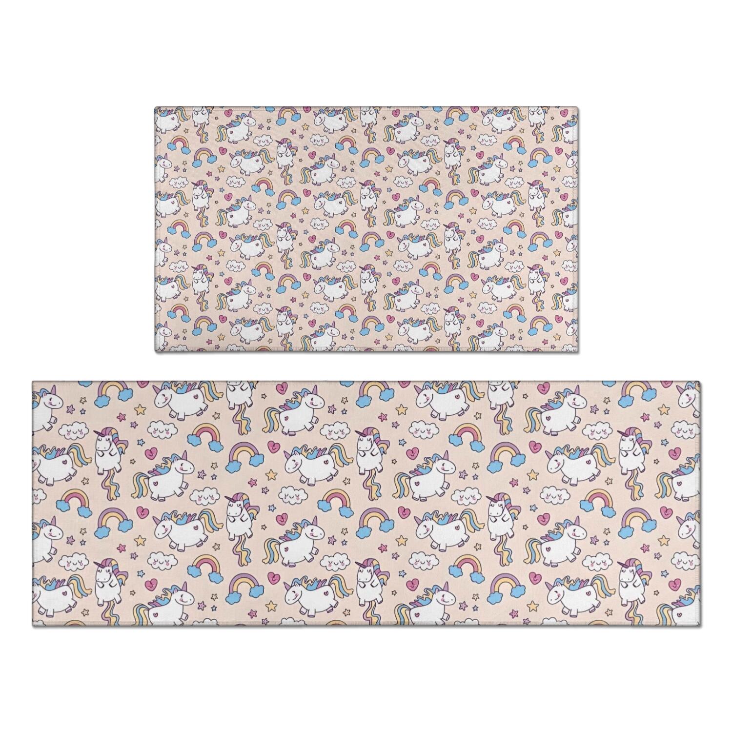 Cartoon Unicorn Rainbow Cloud Heart Pattern Kitchen Rugs Sets Of 2,Anti ...
