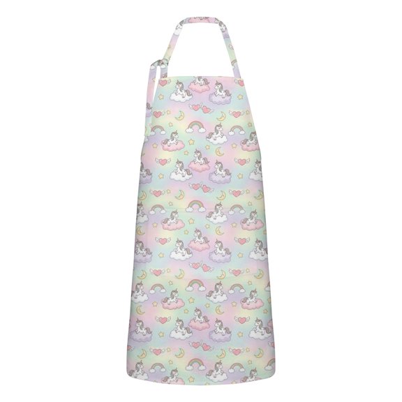 Cartoon Unicorn Rainbow Cloud Moon Heart Apron-Garden Aprons for Women with Pockets-Cotton Linen Waterproof Kitchen Cooking Gardening Aprons Adjustable for Kitchen,Cooking,BBQ and Salon 33x27 Inch