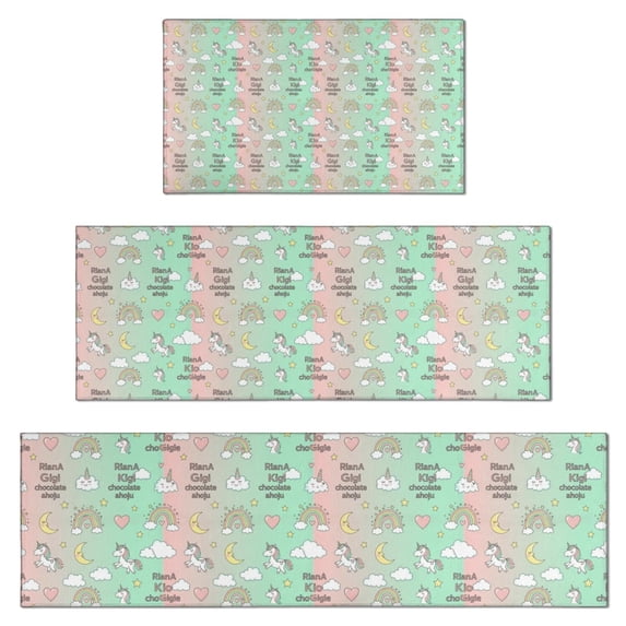 Cartoon Unicorn Rainbow Cloud Moon Kitchen Rugs Sets Of 3,Kitchen Runner Rugs Non Skid Washable,Decorative Kitchen Floor Mats for Kitchen,Sink,Laundry,17"x30"+ 17"x47" + 17"x59"