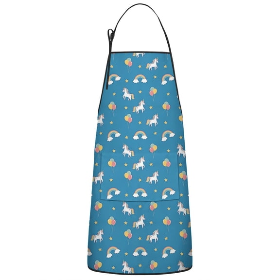 Cartoon Unicorn Rainbow Cloud Star Balloon Apron-Garden Aprons for Women with Pockets-Cotton Linen Waterproof Kitchen Cooking Gardening Aprons Adjustable for Kitchen,Cooking,BBQ and Salon 33x27 Inch