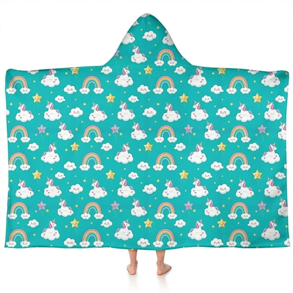 Cartoon Unicorn Rainbow Cloud Star Pattern Hooded Bath Towel,60"x35" for Ages 3 To 12 Kids, Quick Dry Lightweight Soft Microfiber Hood Beach Towel Cover Up for Kids