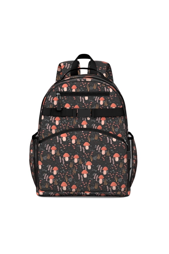 Red Mushroom Grass Black Pattern Backpack for School,Cute School Bag,Schoolbag with Adjustable Shoulder Straps & Padded Back,15.25"x11.5"x5.25"