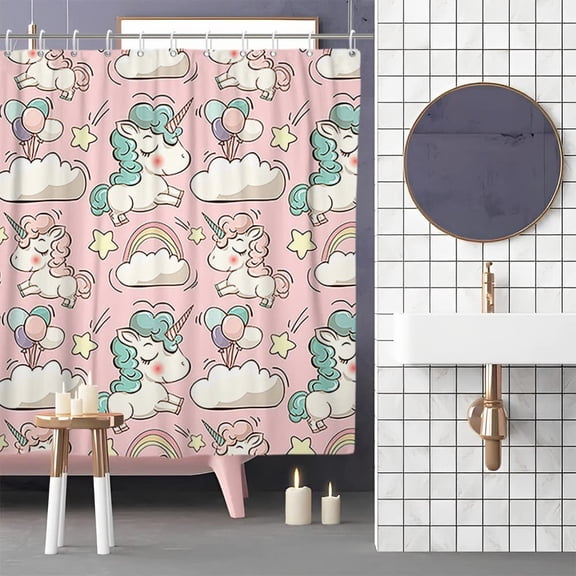 Cartoon Unicorn Shower Curtain, Pink Cute Unicorn Cloud Balloon Rainbow Bath Curtain with Hooks for Kids Girls Home Bathroom Decor Curtain Waterproof Polyester 72x84inches