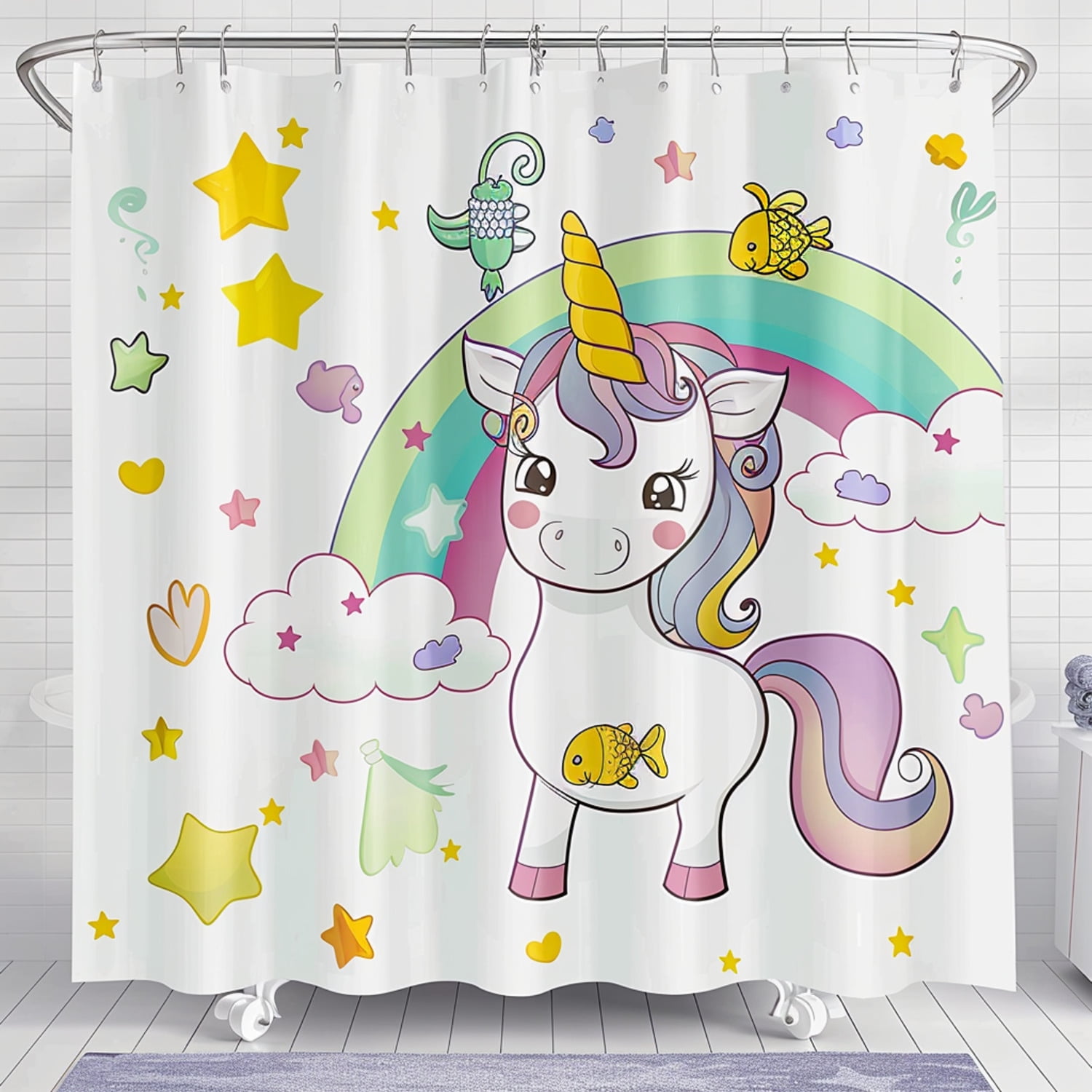 Cartoon Unicorn Shower Curtain with Rainbow and Clouds Cute Design with