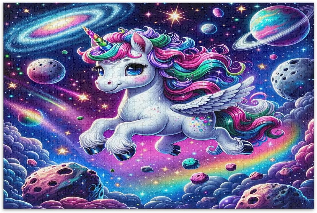 Cartoon unicorn in galaxy space adult puzzles with letters on back