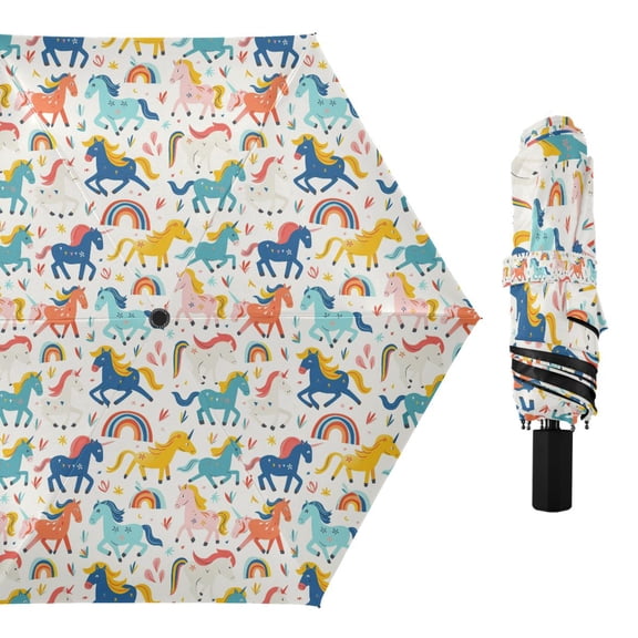 Cartoon Unicorns and Glass Compact Sun Umbrella Windproof Travel Umbrellas for Rain Strong Portable UV Protection
