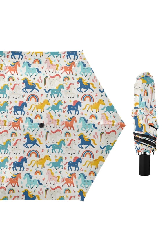 Cartoon Unicorns and Glass Compact Sun Umbrella Windproof Travel Umbrellas for Rain Strong Portable UV Protection