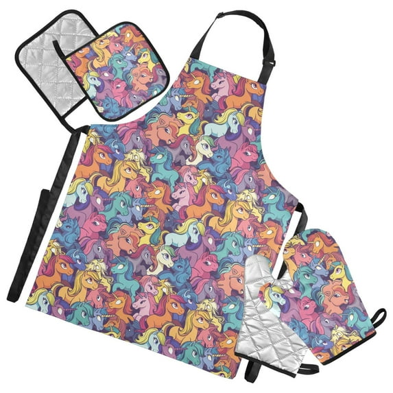 Cartoon Unicorns and Horses 5 Pcs Kitchen Set Heat Resistant Oven Mitts and Non-Slip Pot Holders with Adjustable Cooking Apron