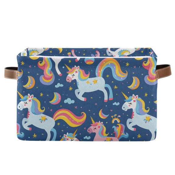 Cartoon Unicorns and Moon Storage Bins with Handle Fabric Organizer Basket Foldable Box 1 Pack 14.2x10.2x8.3