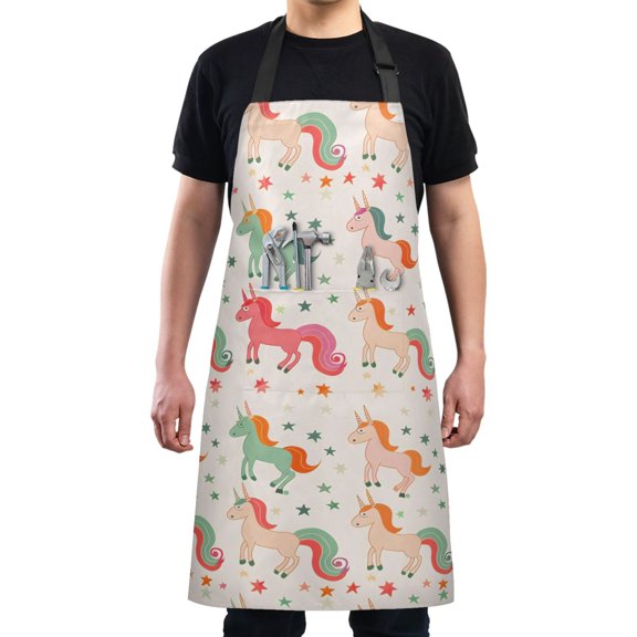 Cartoon Unicorns and Star Kitchen Apron with 2 Pockets Adjustable waterproof Cooking Aprons for Women Men Chef