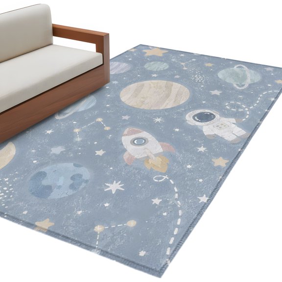 Cartoon Universe Area Rug 4x6 Washable Rug Non Slip Retro Blue Outer Space Moon Rocket Large Area Rug Indoor Floor Carpet for Entryway Bedroom Kitchen Living Room Home Office Dining Room Nursery