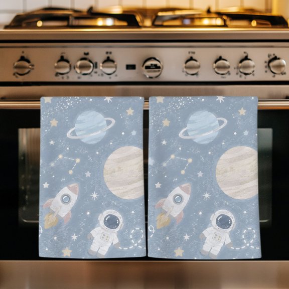 Cartoon Universe Kitchen Towels Set of 1, Retro Blue Outer Space Moon Rocket Absorbent Dish Towels for Kitchen, Microfiber Hand Towel, Quick Drying Tea Towel for Cleaning Decorative Dishcloths