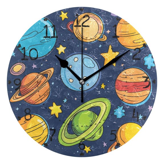 Cartoon Universe Planet Round Wall Clock Silent Battery Operated Home Decor for Living Room Bedroom