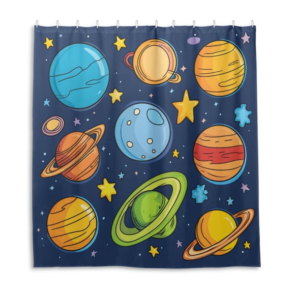 Cartoon Universe Planet Shower Curtain Liner 66x72 Inch Waterproof Shower Curtains Decorative Bathroom with 12 Pack Hooks