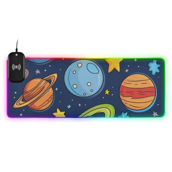 Cartoon Universe Planet Wireless Charging RGB Gaming Mouse Pad Large Keyboard Mat Rubber Base 13 Light Modes