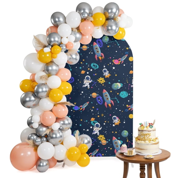 Cartoon Universe Space Arch Backdrop Cover 4FT Watercolor Earth Planet Cute Astronauts Spandex Fitted Arch Covers Stretchy Backdrop Decoration for Wedding Birthday Graduation Party