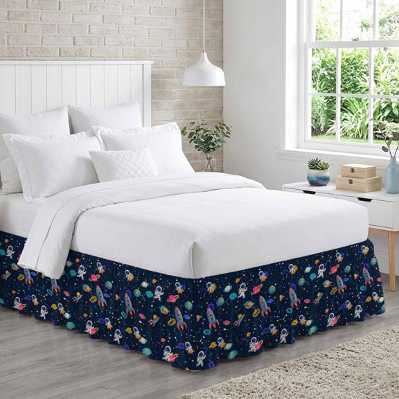 Cartoon Universe Space Bed Skirt Queen Size 16 Inch Drop, Watercolor Earth Planet Cute Astronauts Adjustable Elastic Dust Ruffles Bedskirt for Queen Bed Wrap Around Pleated Mattress Frame Cover