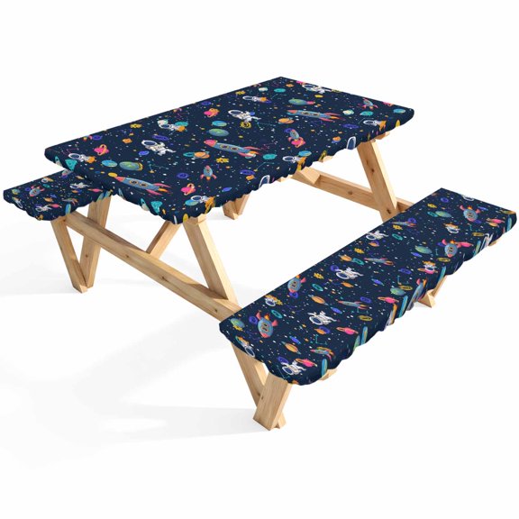 Cartoon Universe Space Picnic Table Cover with Bench Covers Watercolor Earth Planet Cute Astronauts Waterproof Fitted Picnic Tablecloth 3 Pieces Set Table Cloth for Outdoor Camping Garden BBQ
