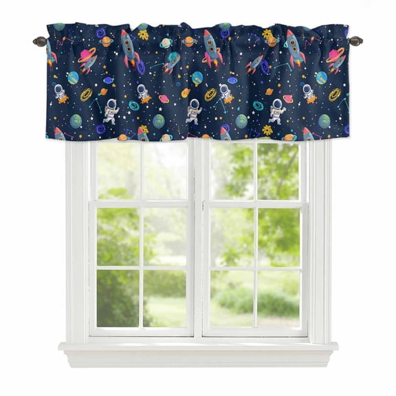 Cartoon Universe Space Window Valance for Kitchen, Watercolor Earth Planet Cute Astronauts Rod Pocket Short Curtain for Small Windows, Light Filtering Decorative Valance, 42 x 12 Inch, 1 Panel