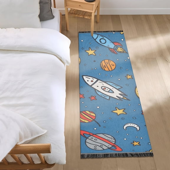 Cartoon Universe Stars Planets Spaceships Bedside Runner Rug 2'x 6' Non Slip Carpet Floor Mat Area Rug