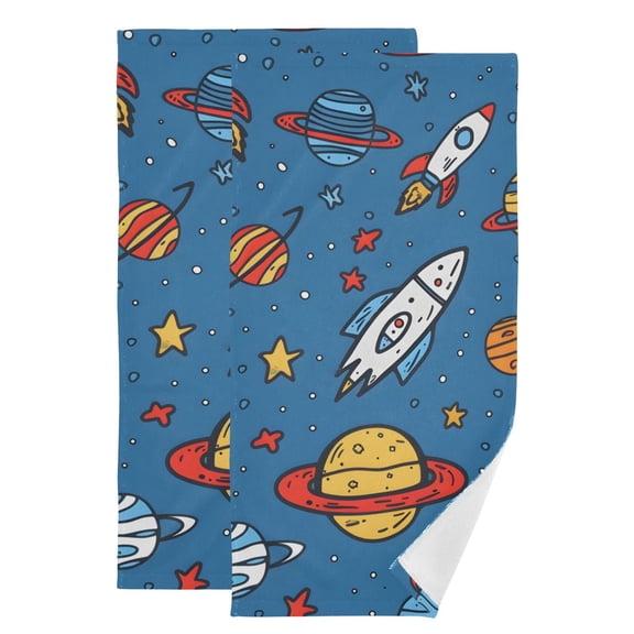 Cartoon Universe Stars Planets Spaceships Hand Towel Absorbent Bath Towels for Bathroom Sports Gym 28" x 14" Set of 2