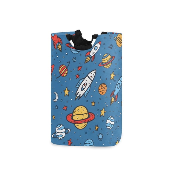 Cartoon Universe Stars Planets Spaceships Laundry Basket with Handles Foldable Laundry Hamper Freestanding Washing Bin 50L