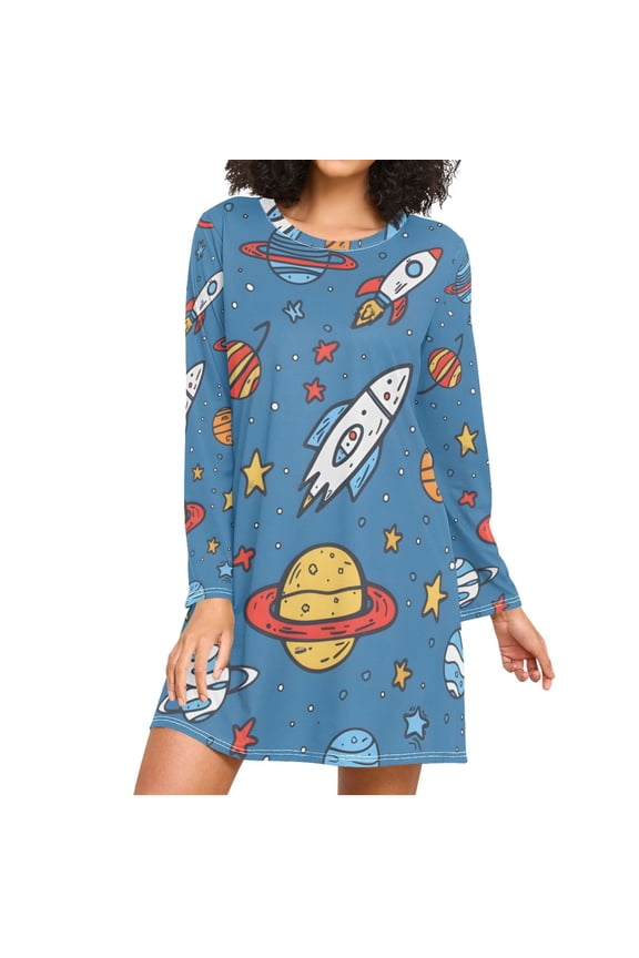 Cartoon Universe Stars Planets Spaceships Women's Long Sleeves Nightgowns Sleepwear Soft Pajama A-line Sleep Dress S
