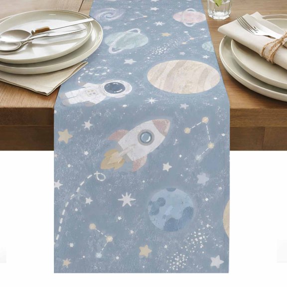 Cartoon Universe Table Runner Retro Blue Outer Space Moon Rocket Tablerunners 13 x 48 Inch, Table Decorations Tabletop Scarf for Summer Gathering Holiday Farmhouse Kitchen Dining Decor