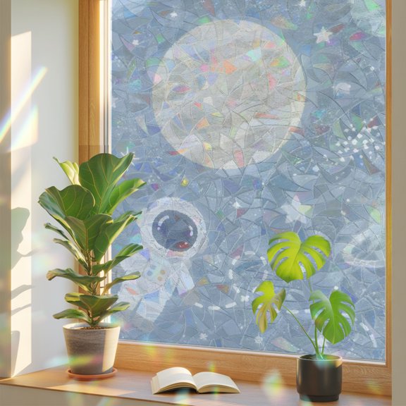 Cartoon Universe Window Privacy Film Rainbow Static Cling Stain Glass Window Film for Glass Door, Decorative UV Blocking Sunroof Decal Sticker for Car 19.6"x39.3" Retro Blue Outer Space Moon Rocket