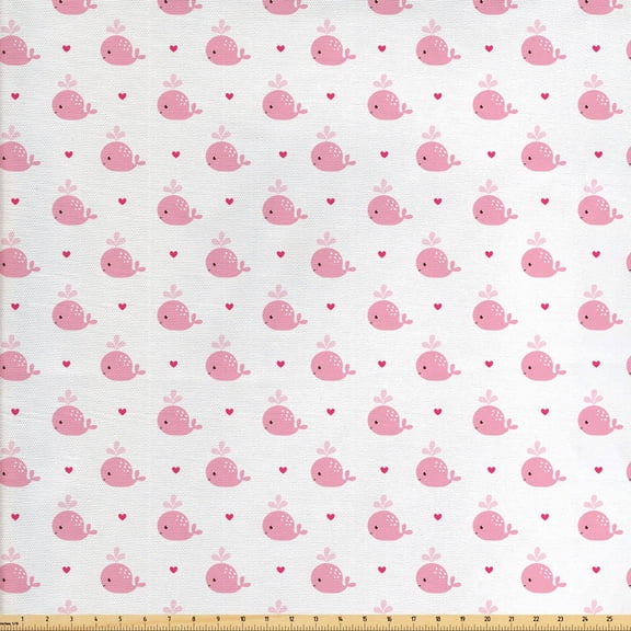 Ambesonne Cartoon Fabric by the Yard Upholstery, Hearts and Whales Love Art, 10 Yards, White and Pink