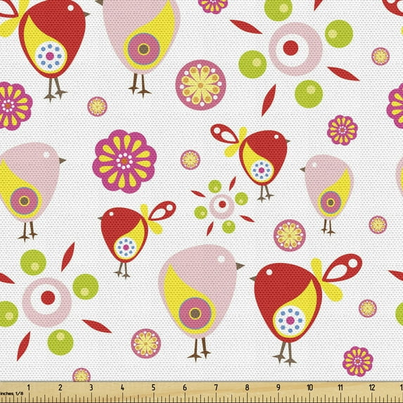 Ambesonne Cartoon Fabric by the Yard Upholstery, Abstract Birds Flora, 2 Yards, Multicolor